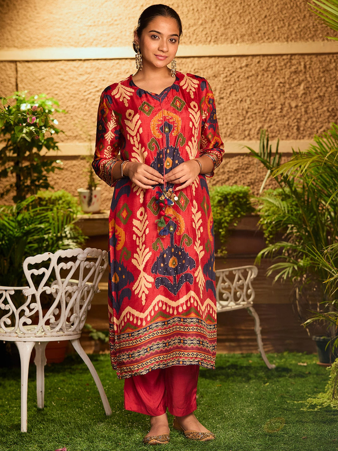 Red Silver Stonework Soft Raw Silk Readymade Salwar Suit