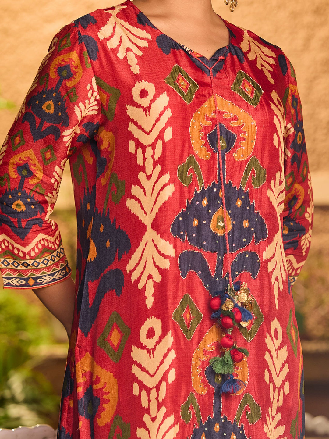 Red Silver Stonework Soft Raw Silk Readymade Salwar Suit