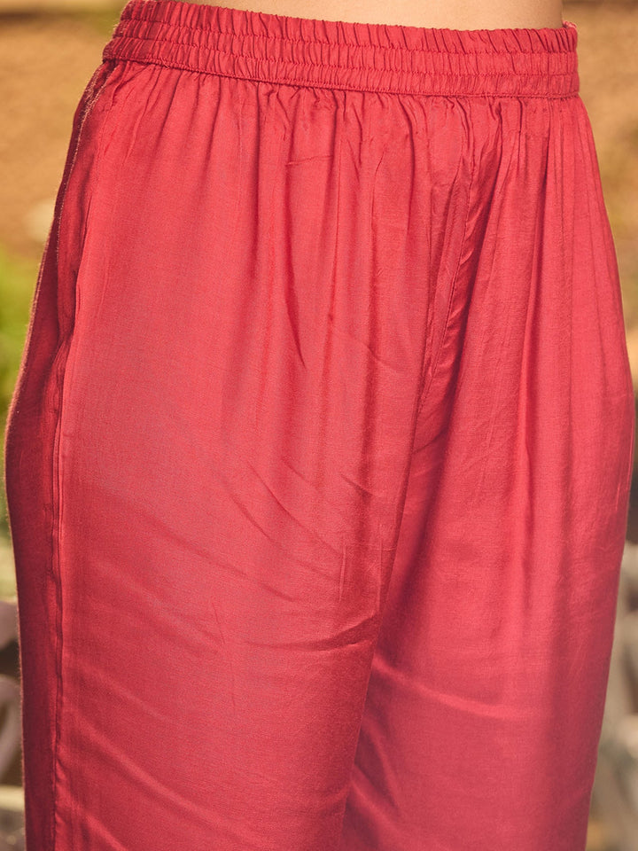 Red Silver Stonework Soft Raw Silk Readymade Salwar Suit