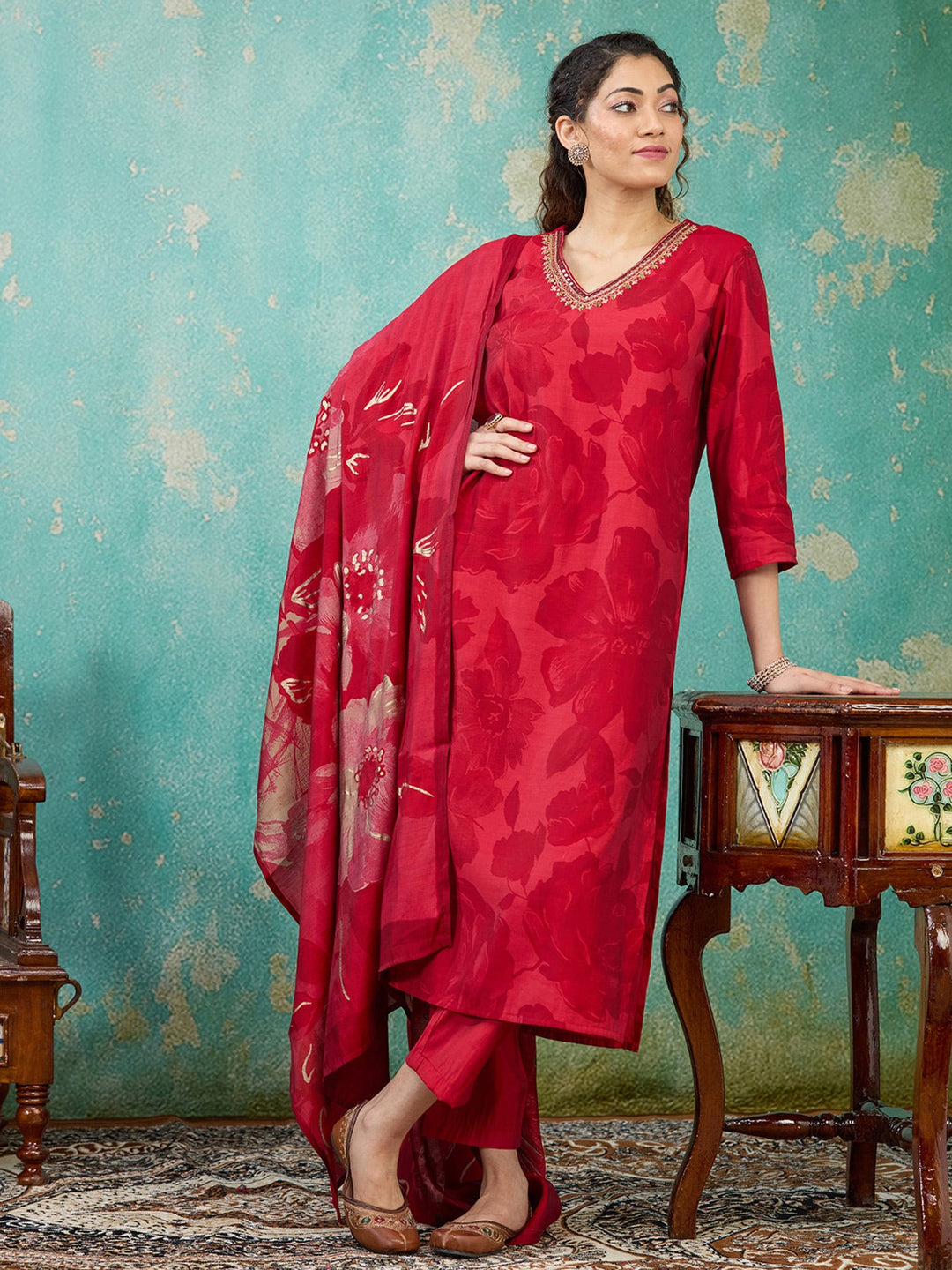 Red Threadwork Satin Readymade Salwar Suit