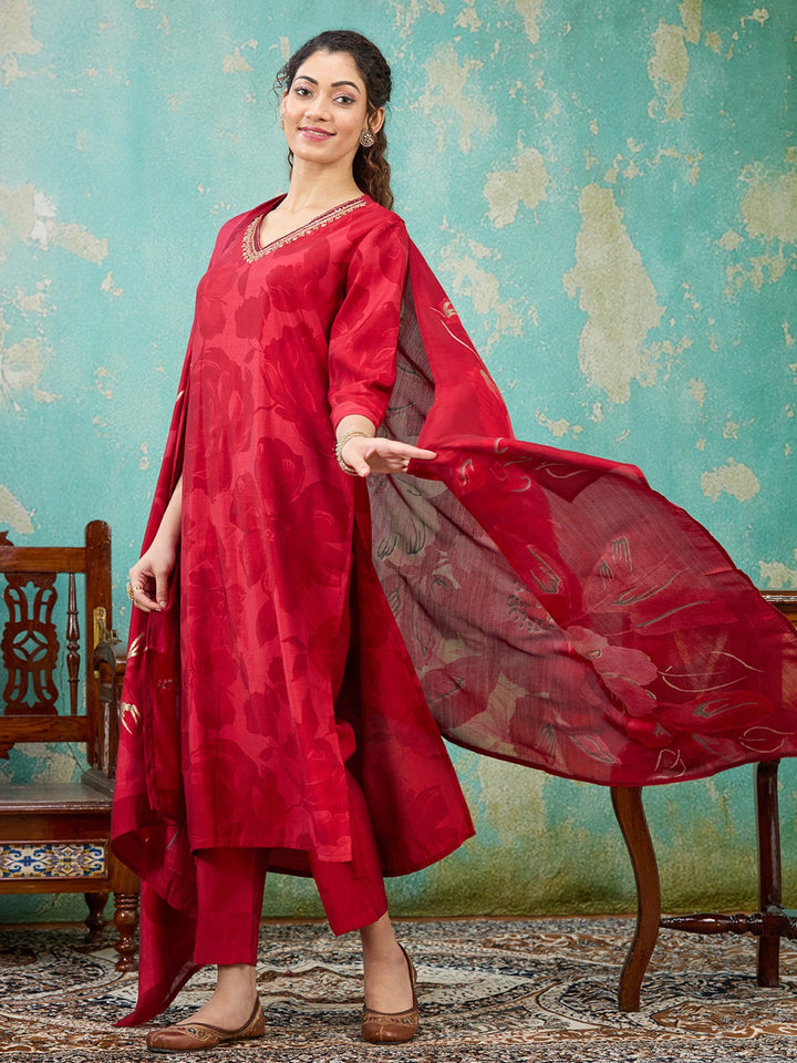 Red Threadwork Satin Readymade Salwar Suit