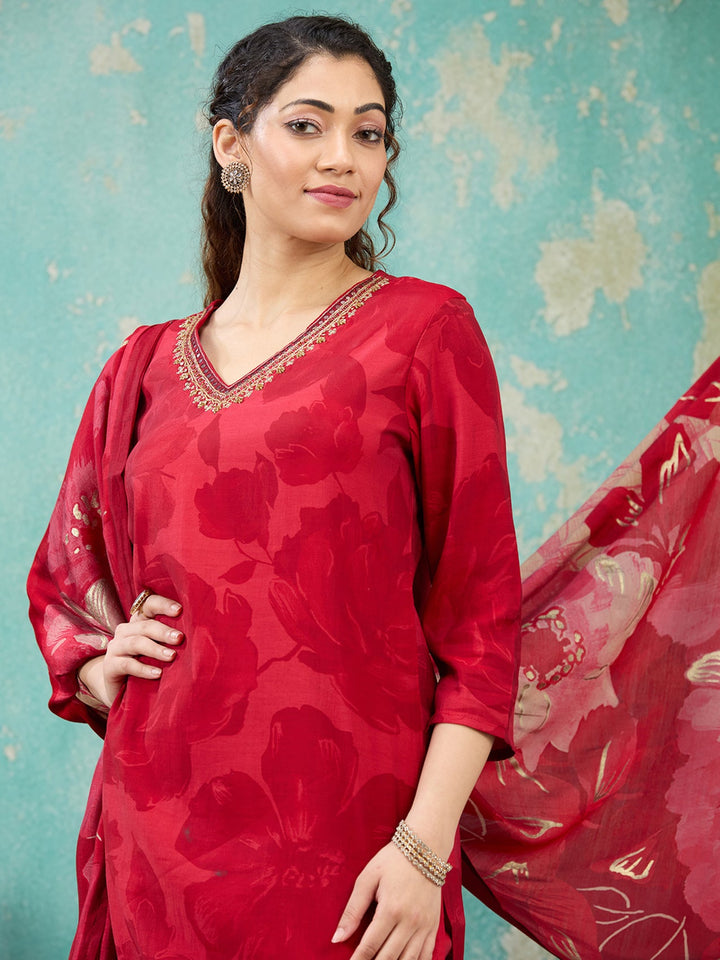 Red Threadwork Satin Readymade Salwar Suit