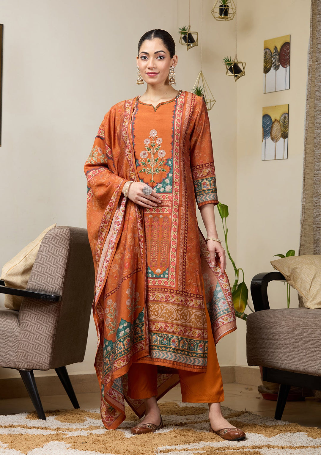 Orange Cutdana Satin Readymade Salwar Suit