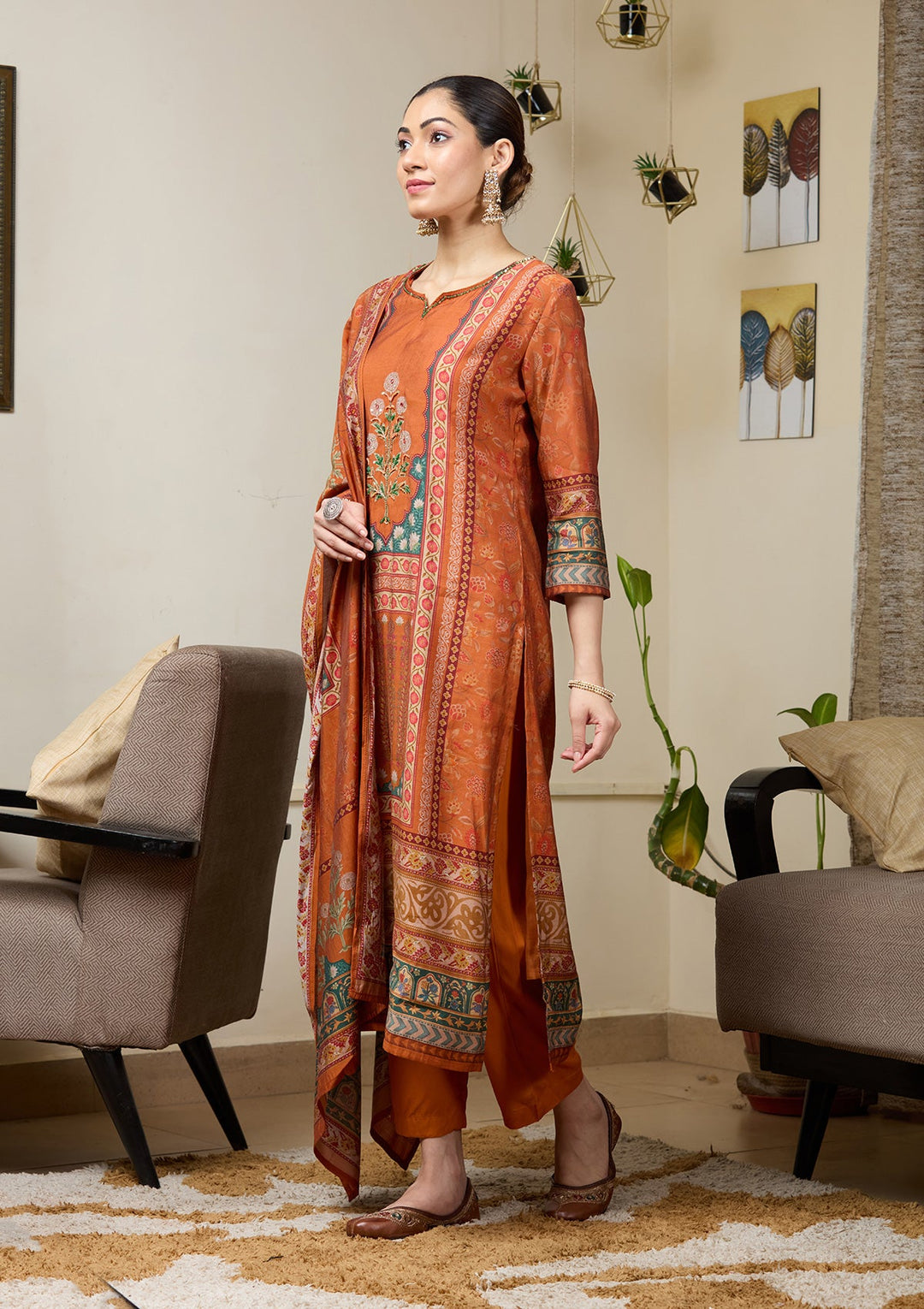 Orange Cutdana Satin Readymade Salwar Suit