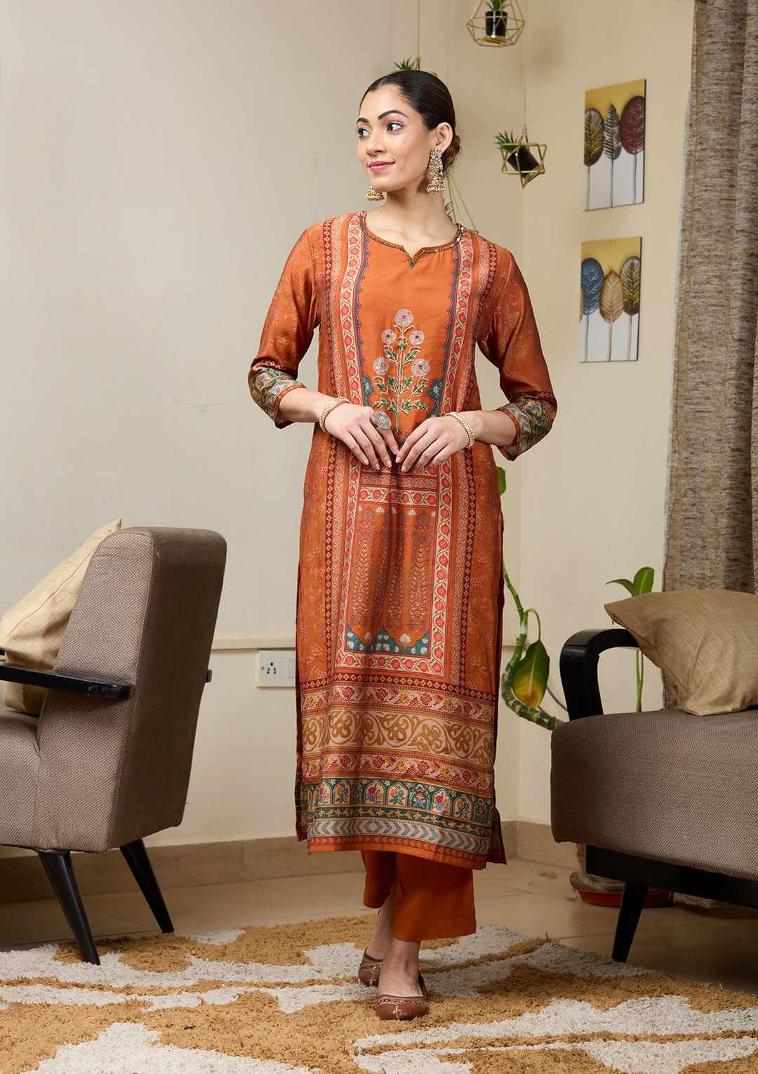 Orange Cutdana Satin Readymade Salwar Suit