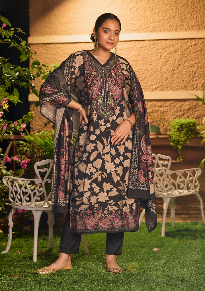 Black Threadwork Satin Readymade Salwar Suit