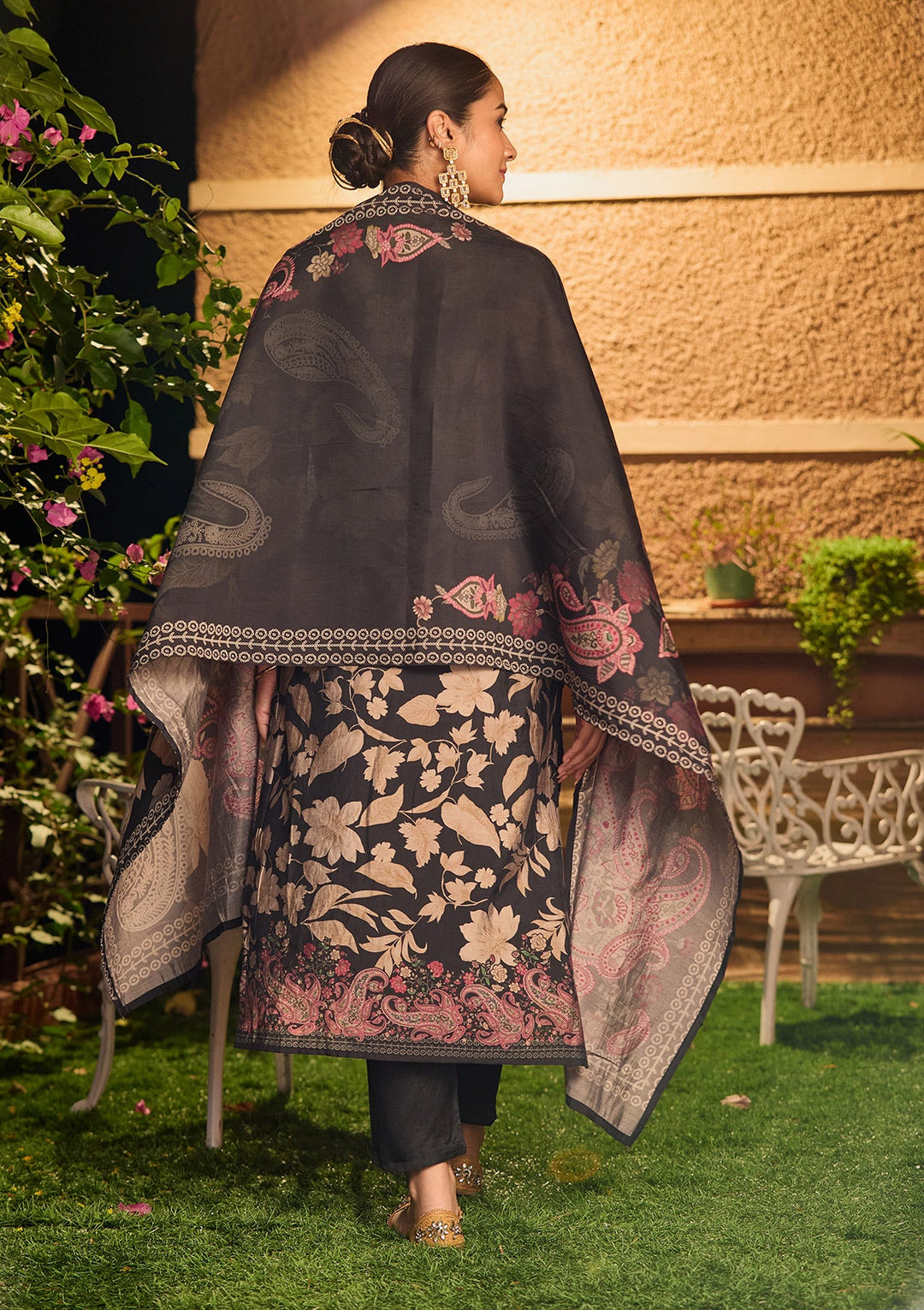 Black Threadwork Satin Readymade Salwar Suit