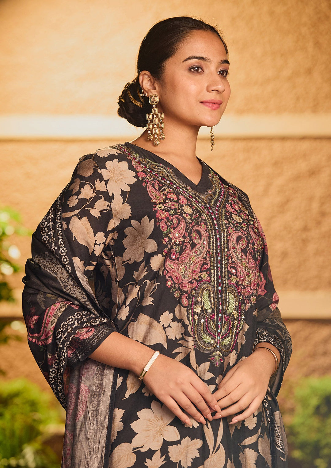 Black Threadwork Satin Readymade Salwar Suit