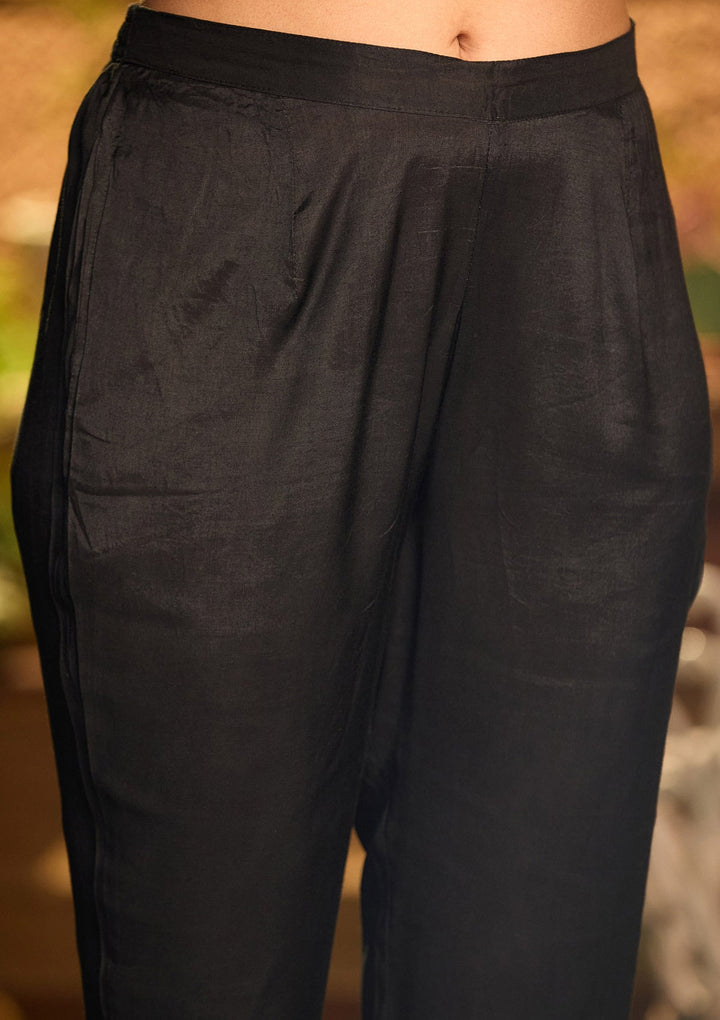 Black Threadwork Satin Readymade Salwar Suit