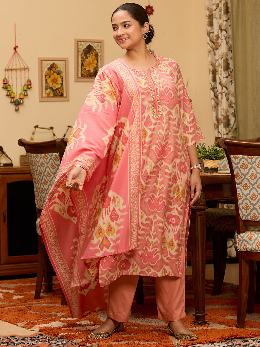 Peach Sequins Chanderi Readymade Salwar Suit