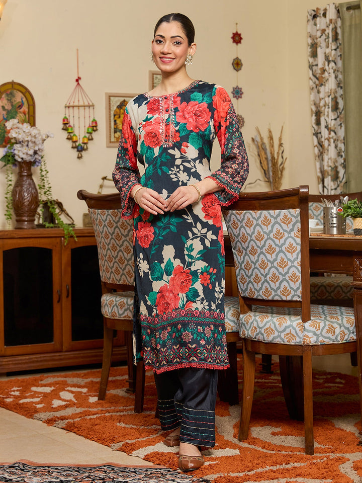 Navy Blue Mirrorwork Chinon Readymade Salwar Suit