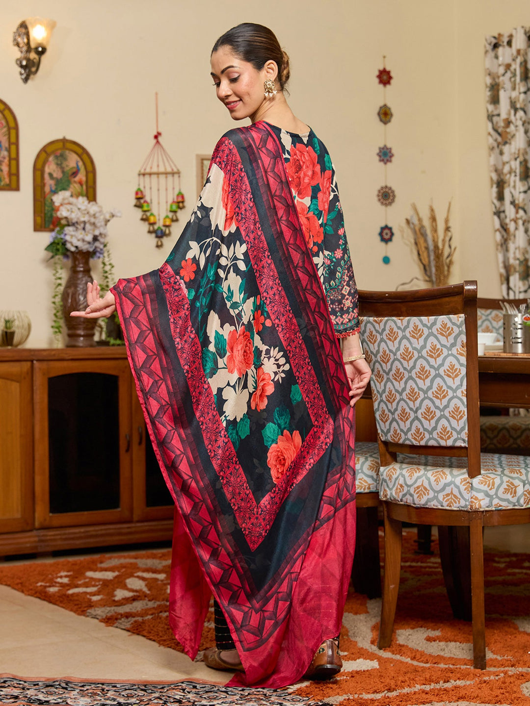 Navy Blue Mirrorwork Chinon Readymade Salwar Suit