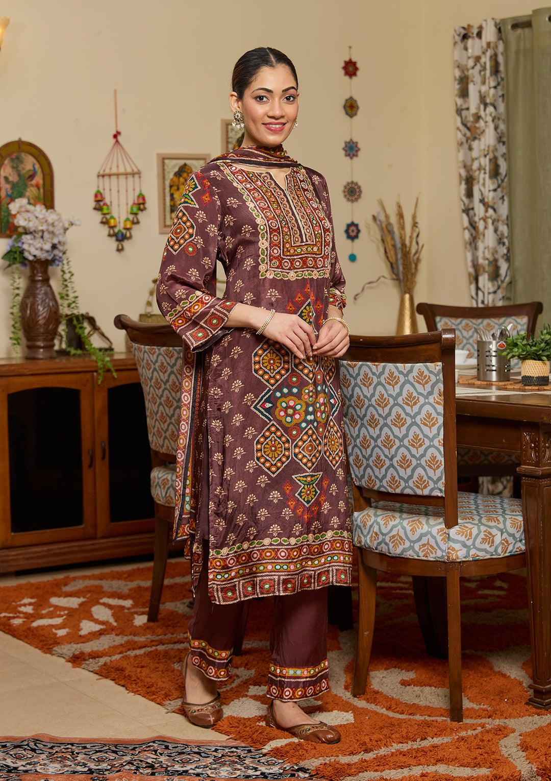 Brown Mirrorwork Crepe Readymade Salwar Suit