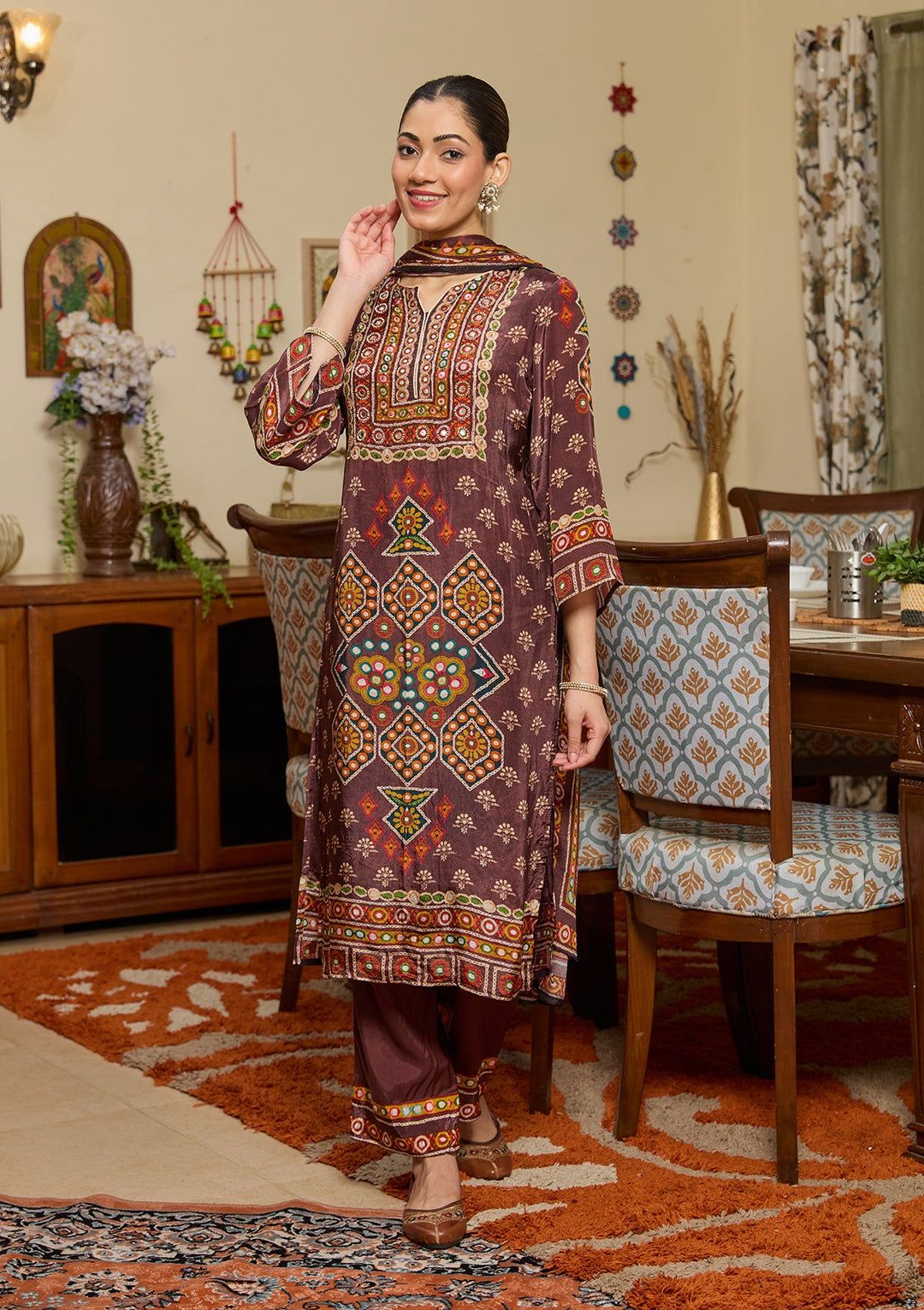 Brown Mirrorwork Crepe Readymade Salwar Suit