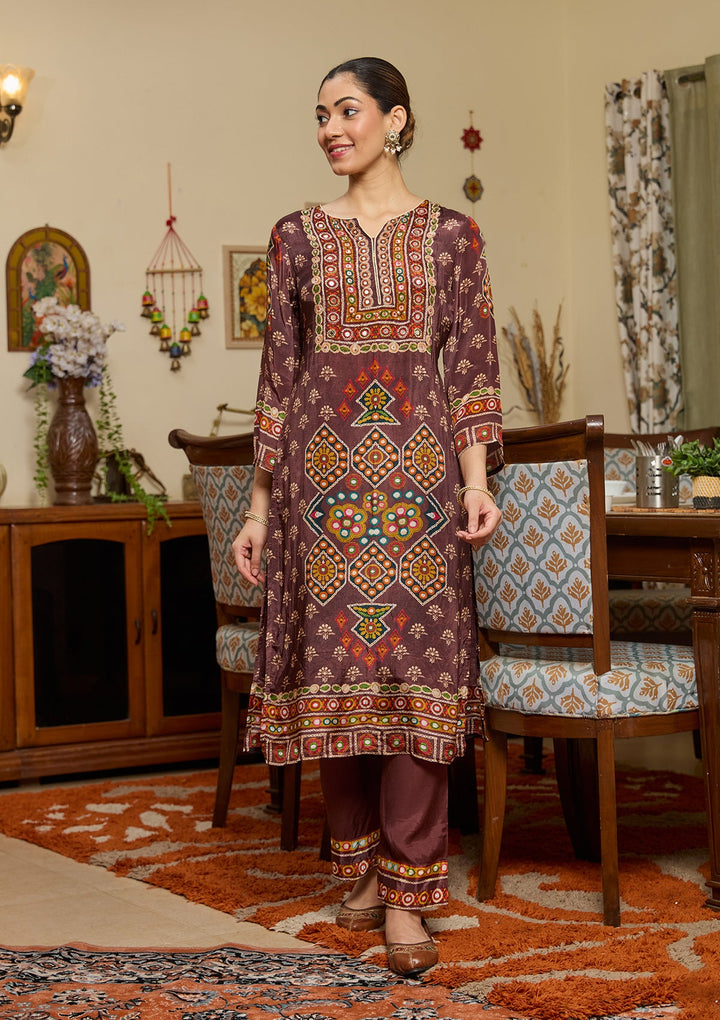 Brown Mirrorwork Crepe Readymade Salwar Suit