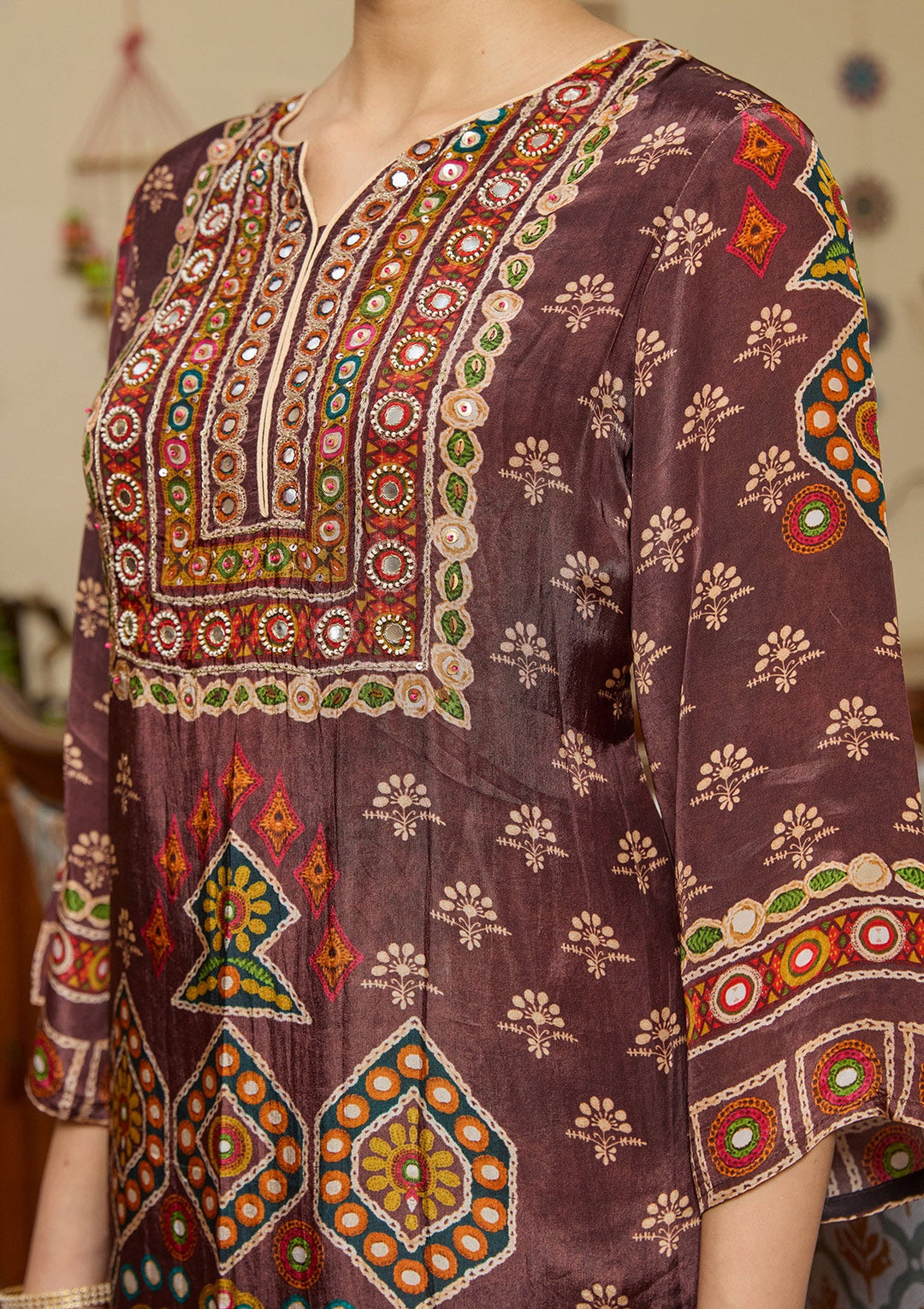 Brown Mirrorwork Crepe Readymade Salwar Suit