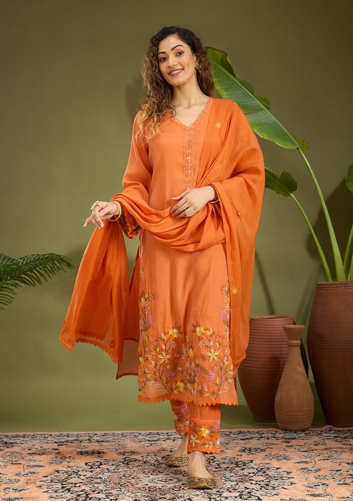 Orange Sequins Chanderi Readymade Salwar Suit