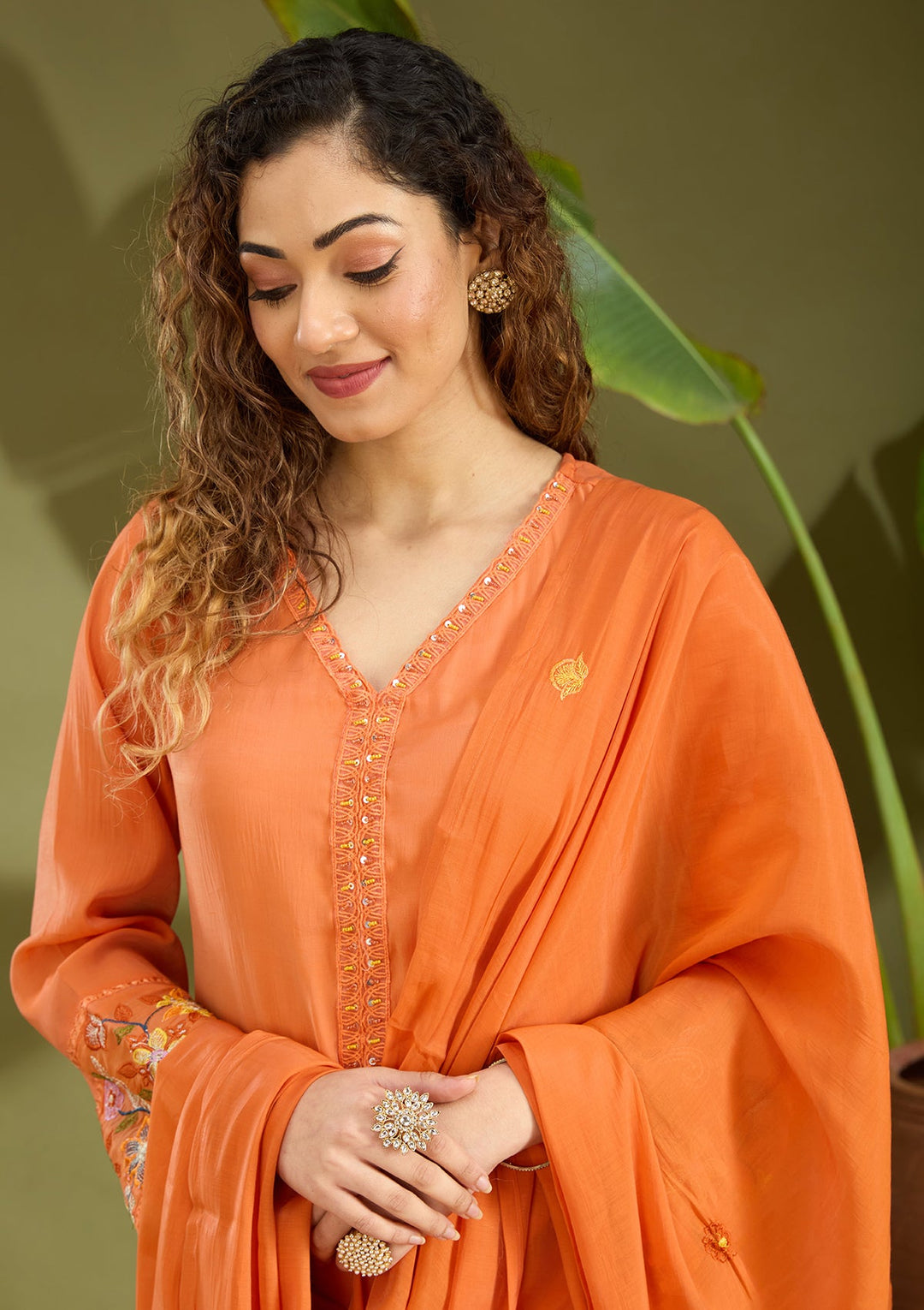 Orange Sequins Chanderi Readymade Salwar Suit