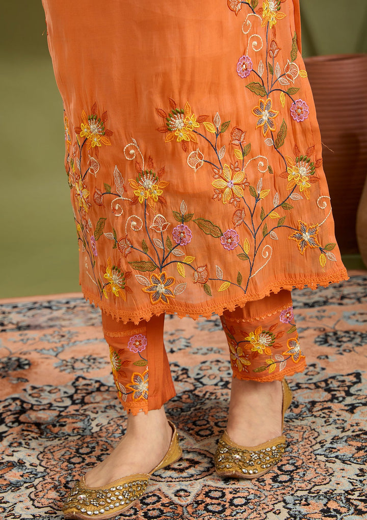 Orange Sequins Chanderi Readymade Salwar Suit