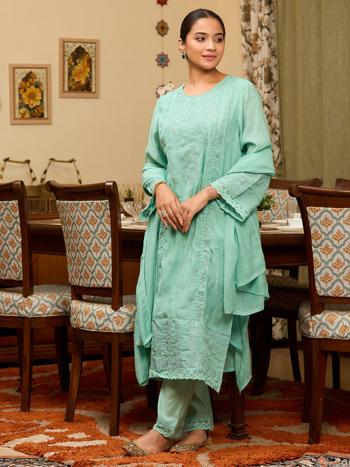 Sea Green Threadwork Chanderi Readymade Salwar Suit