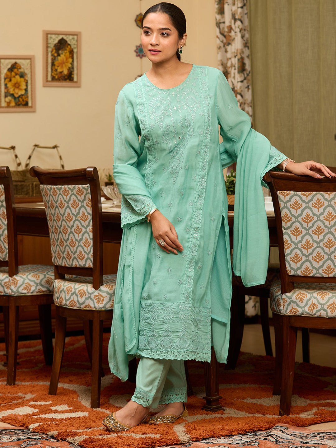 Sea Green Threadwork Chanderi Readymade Salwar Suit