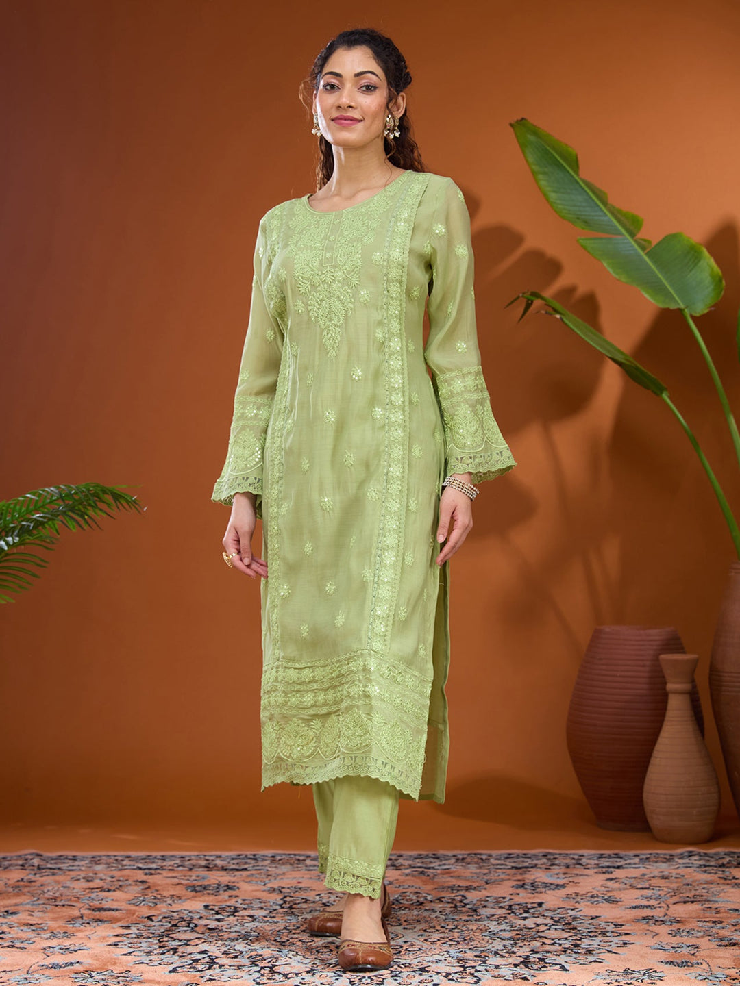 Pista Green Threadwork Chanderi Readymade Salwar Suit