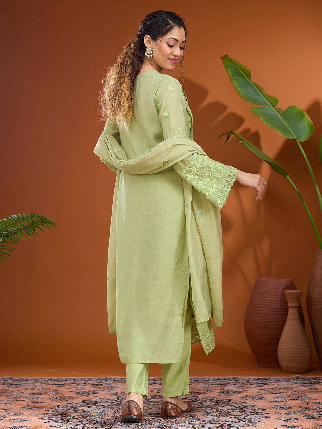 Pista Green Threadwork Chanderi Readymade Salwar Suit