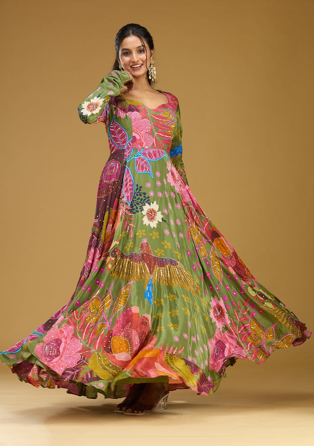 Green Cutdana Crepe Readymade Salwar Suit