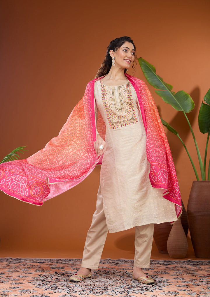 Beige Threadwork Tissue Readymade Salwar Suit