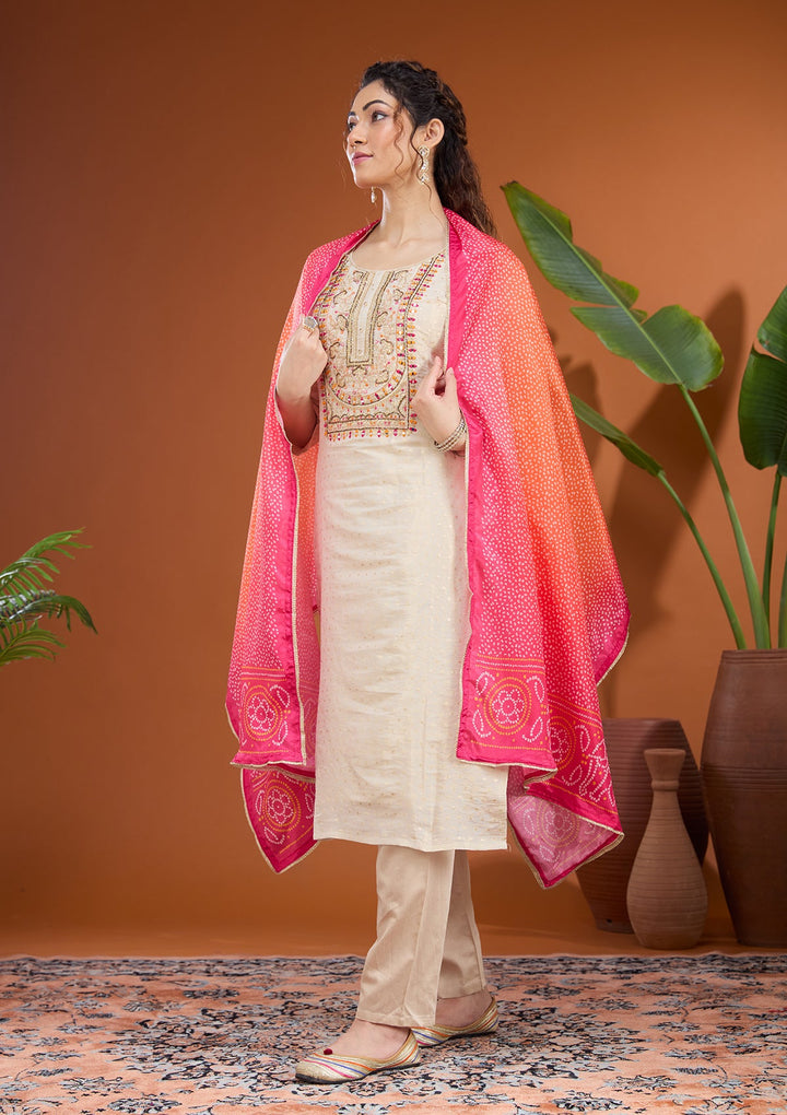 Beige Threadwork Tissue Readymade Salwar Suit
