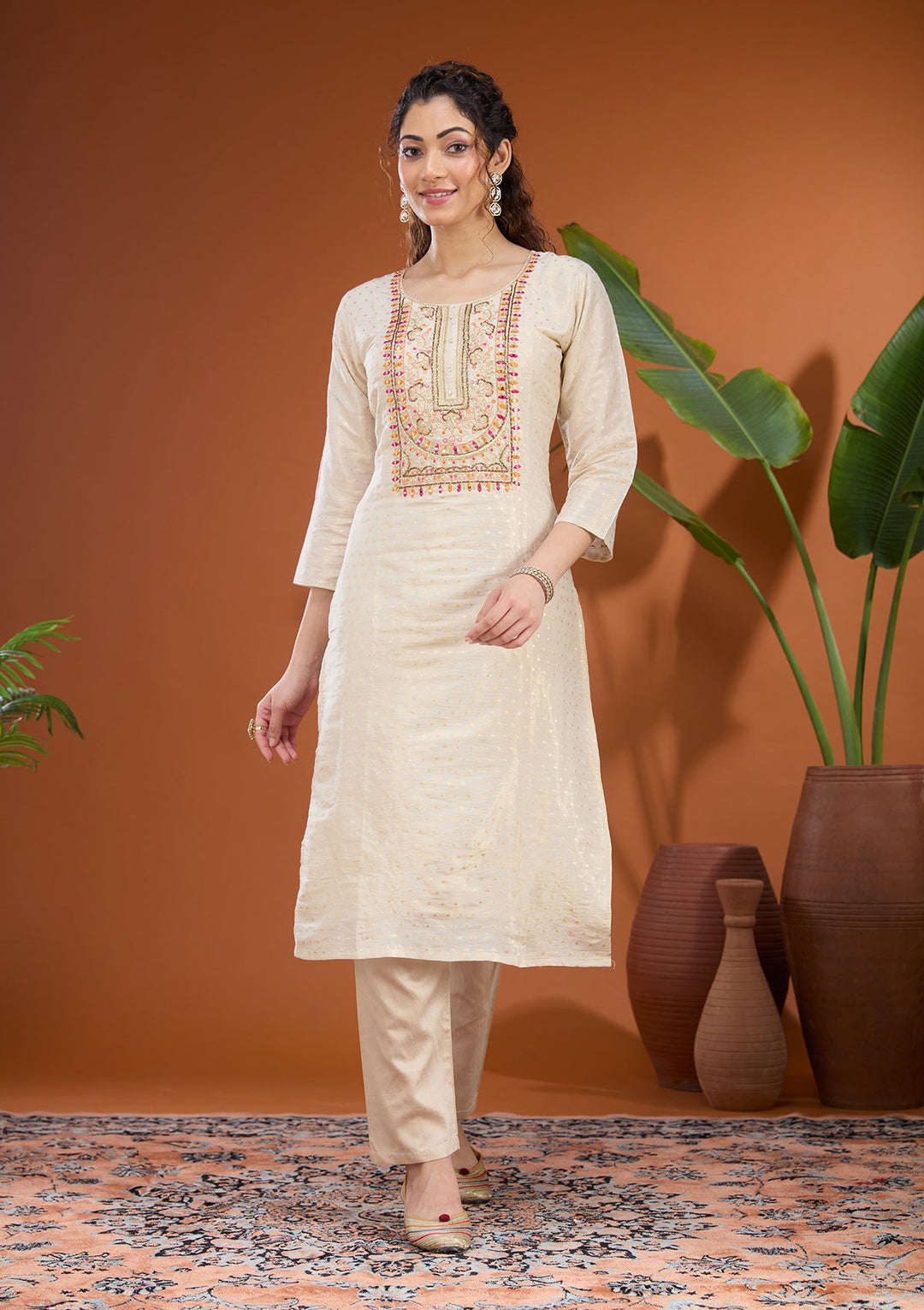 Beige Threadwork Tissue Readymade Salwar Suit