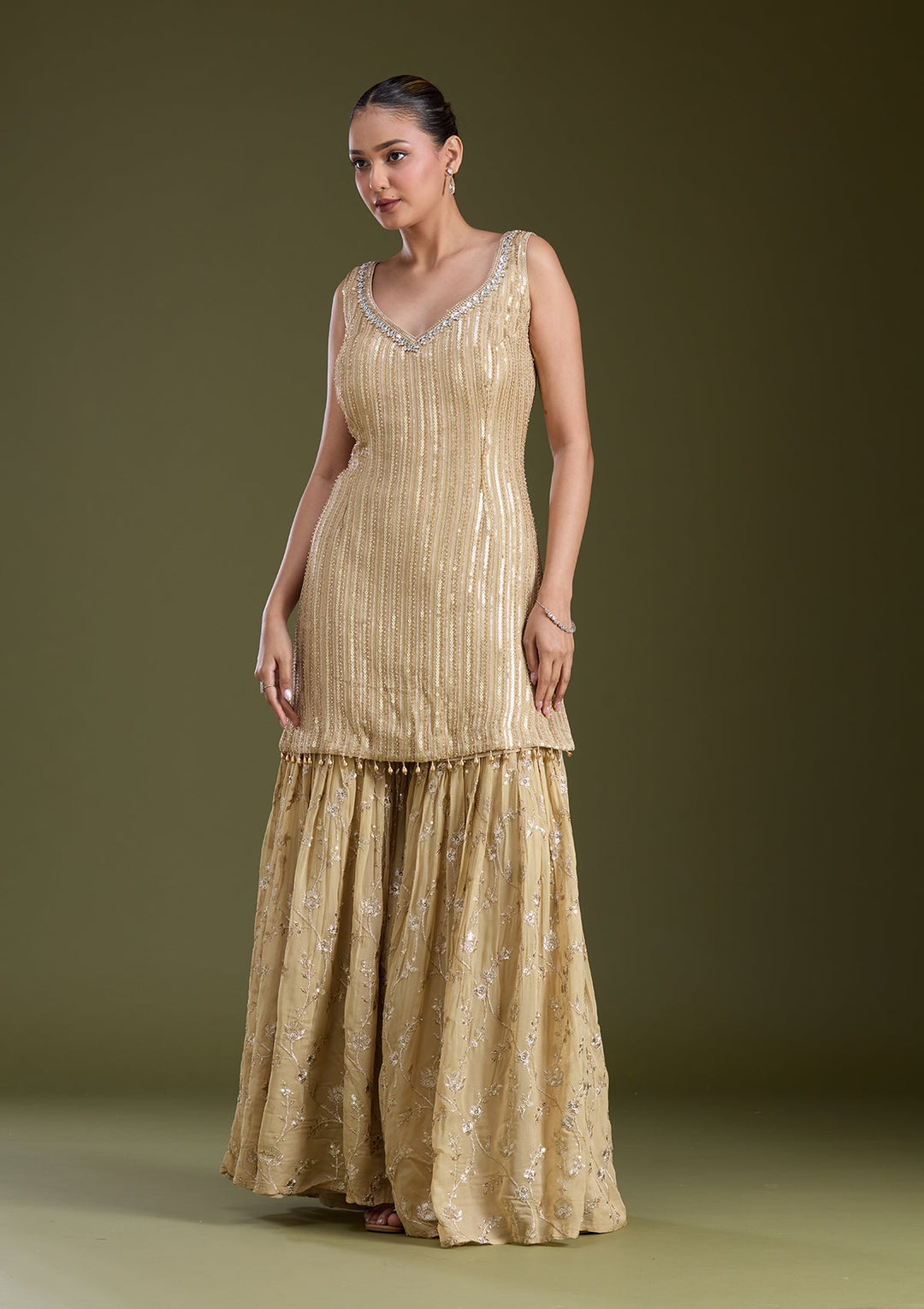 Beige Sequins Georgette Readymade Salwar Suit