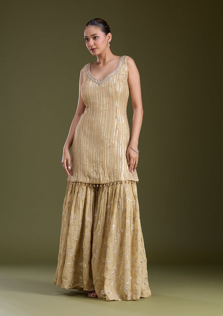 Beige Sequins Georgette Readymade Salwar Suit