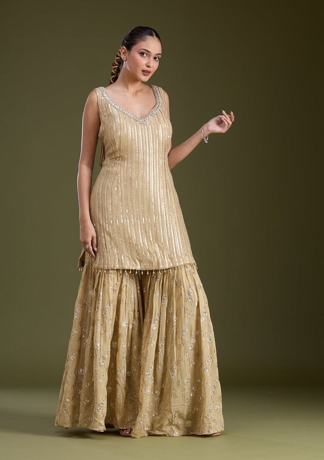 Beige Sequins Georgette Readymade Salwar Suit