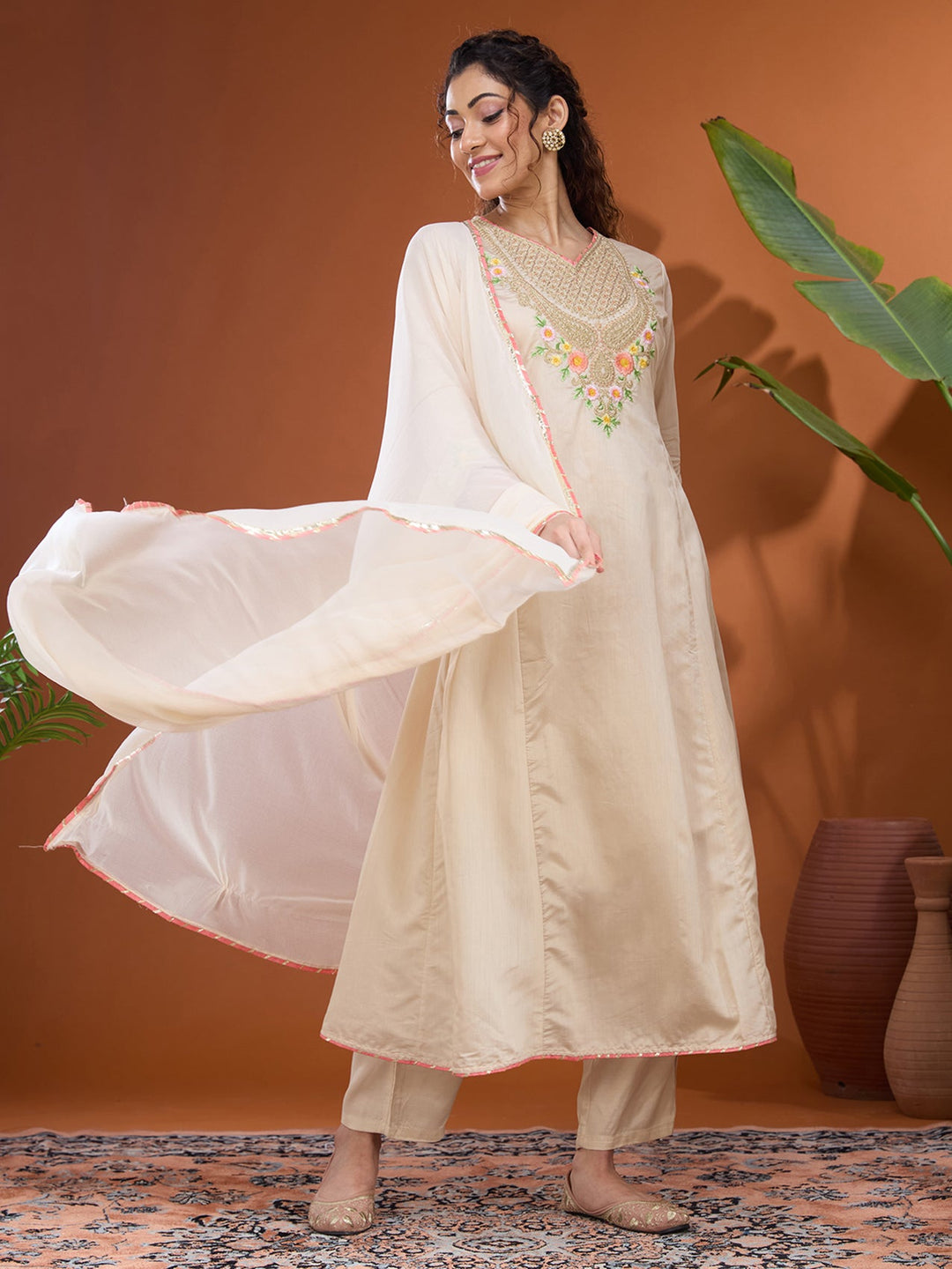 Beige Cording Chanderi Readymade Salwar Suit