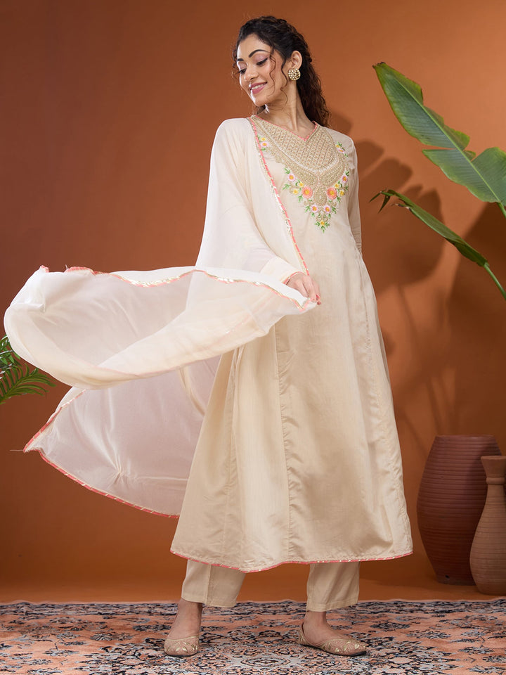 Beige Cording Chanderi Readymade Salwar Suit