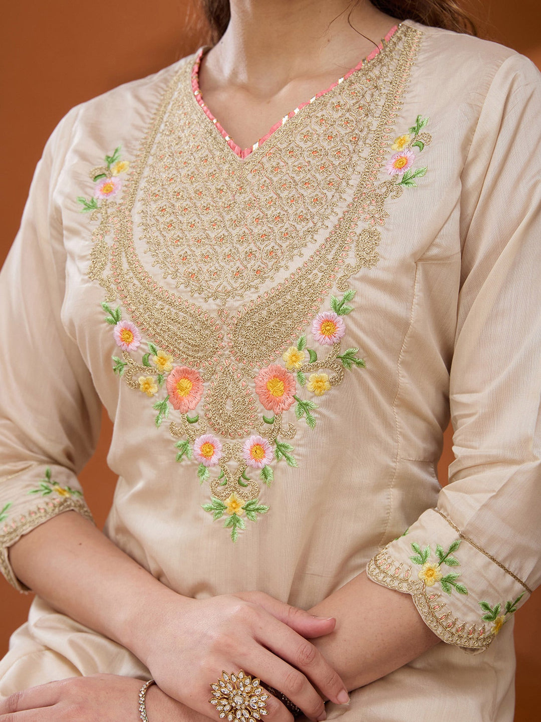 Beige Cording Chanderi Readymade Salwar Suit