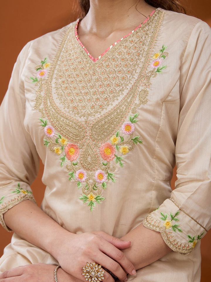Beige Cording Chanderi Readymade Salwar Suit