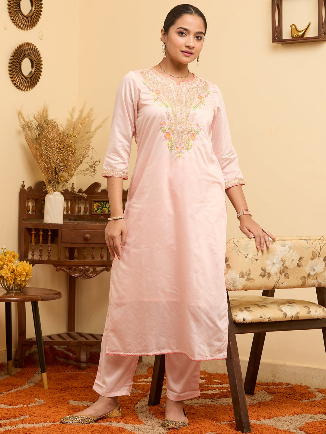 Peach Cording Chanderi Readymade Salwar Suit