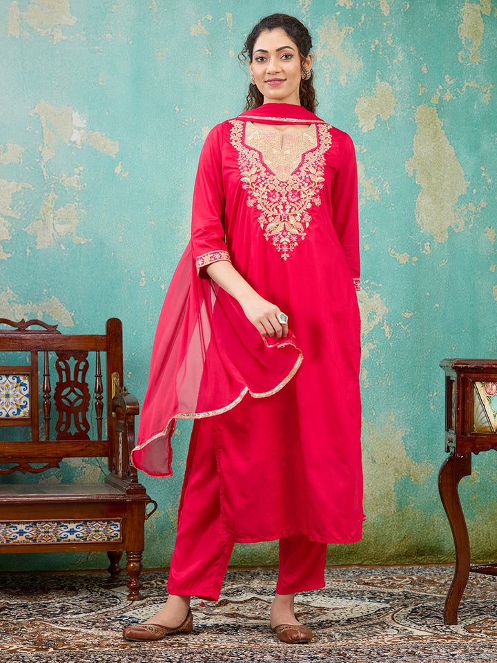 Red Threadwork Chanderi Readymade Salwar Suit