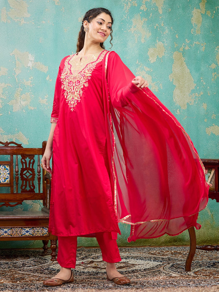 Red Threadwork Chanderi Readymade Salwar Suit