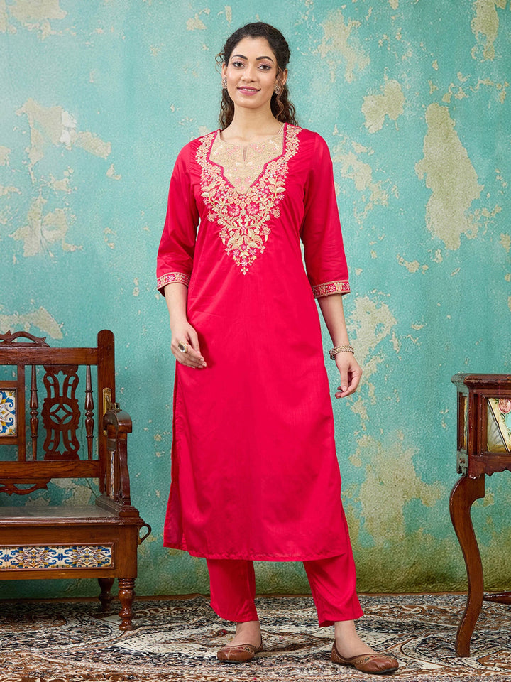 Red Threadwork Chanderi Readymade Salwar Suit