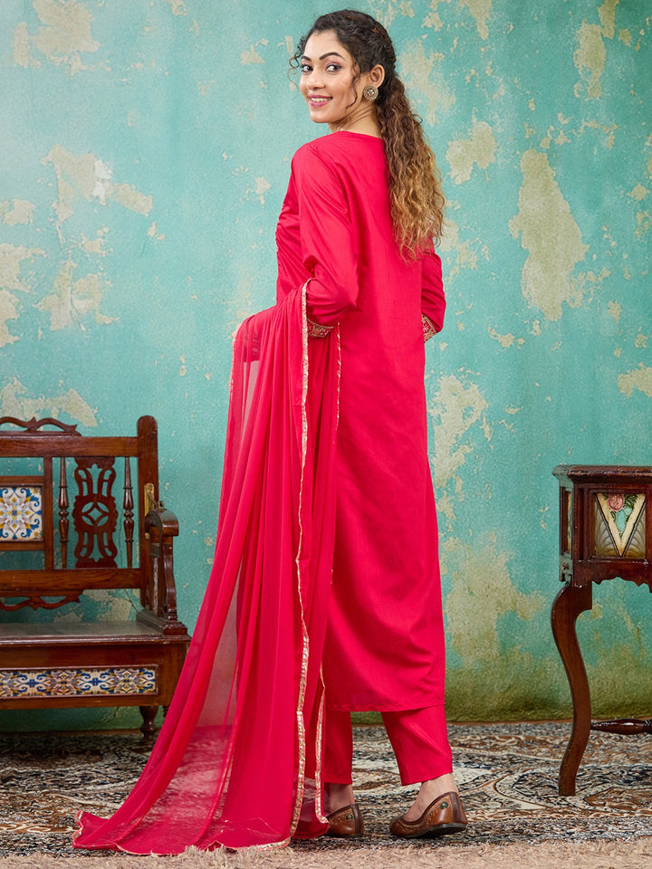 Red Threadwork Chanderi Readymade Salwar Suit