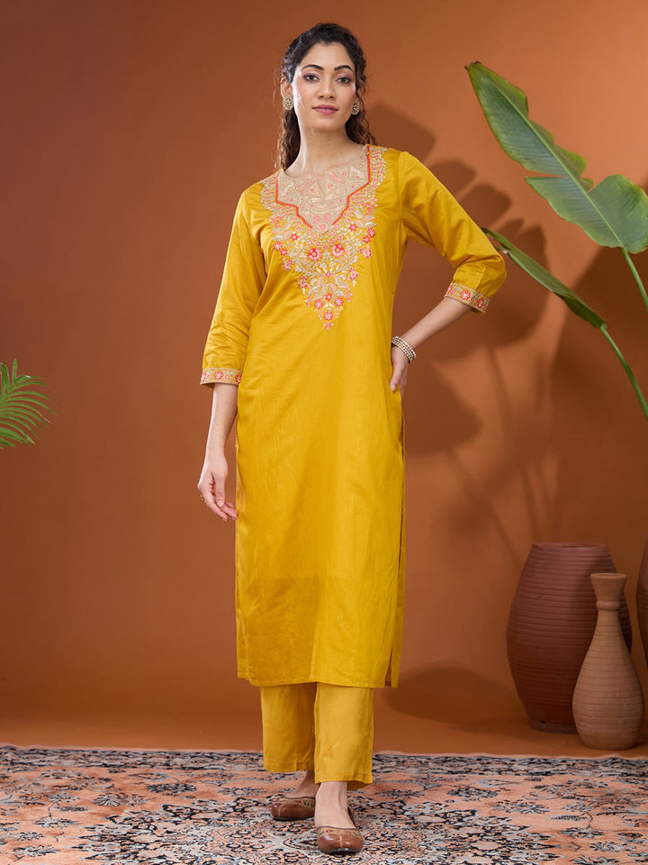 Mustard Yellow Threadwork Chanderi Readymade Salwar Suit