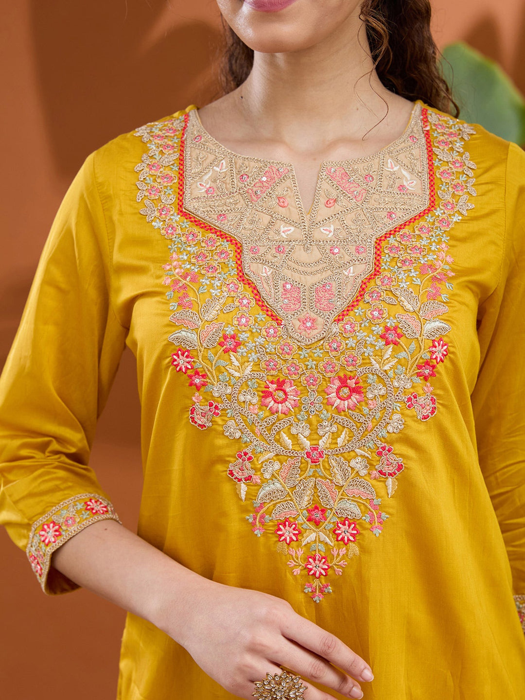 Mustard Yellow Threadwork Chanderi Readymade Salwar Suit