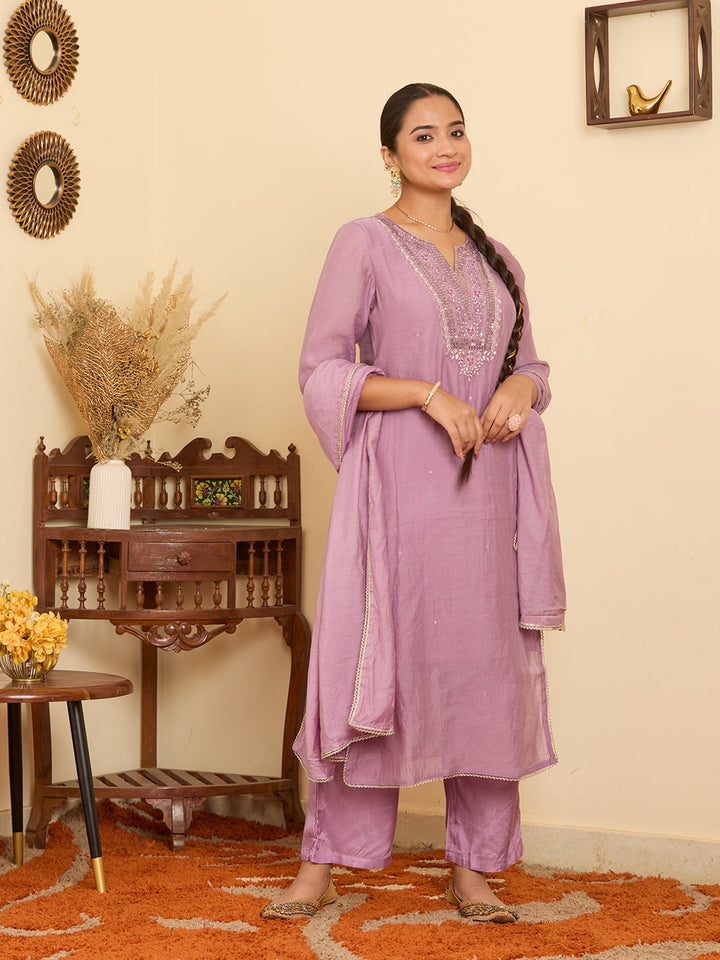 Lavender Mirrorwork Chanderi Readymade Salwar Suit