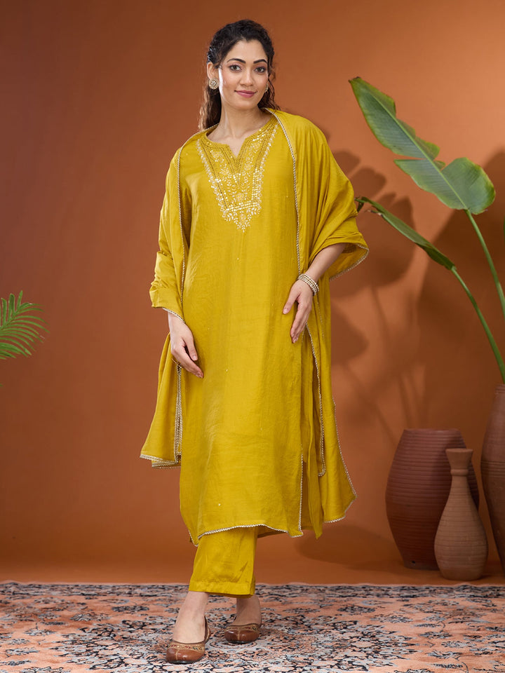 Mustard Yellow Mirrorwork Chanderi Readymade Salwar Suit