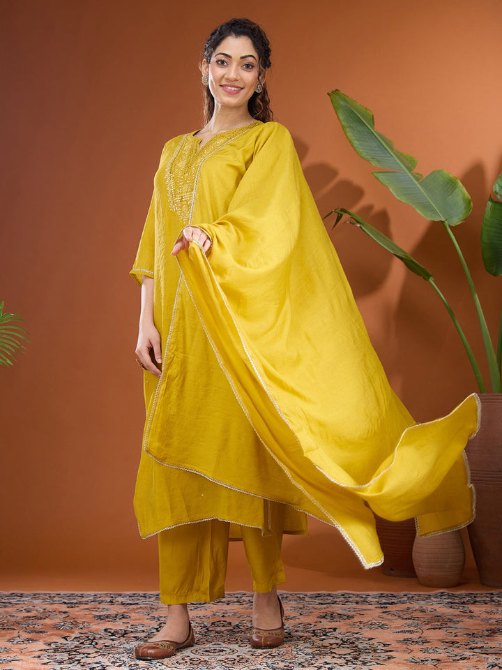 Mustard Yellow Mirrorwork Chanderi Readymade Salwar Suit