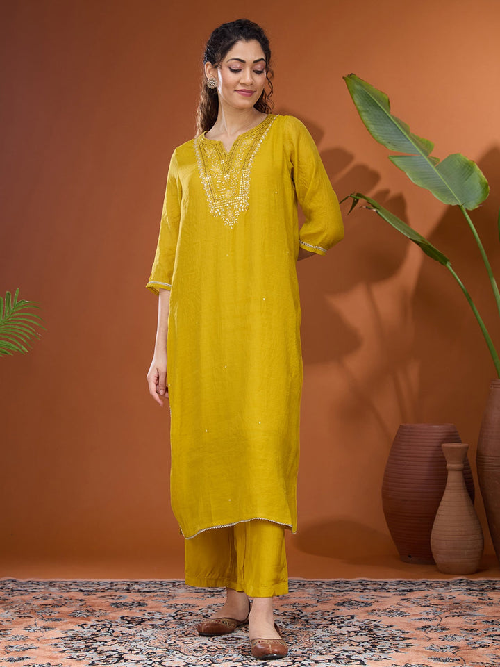 Mustard Yellow Mirrorwork Chanderi Readymade Salwar Suit