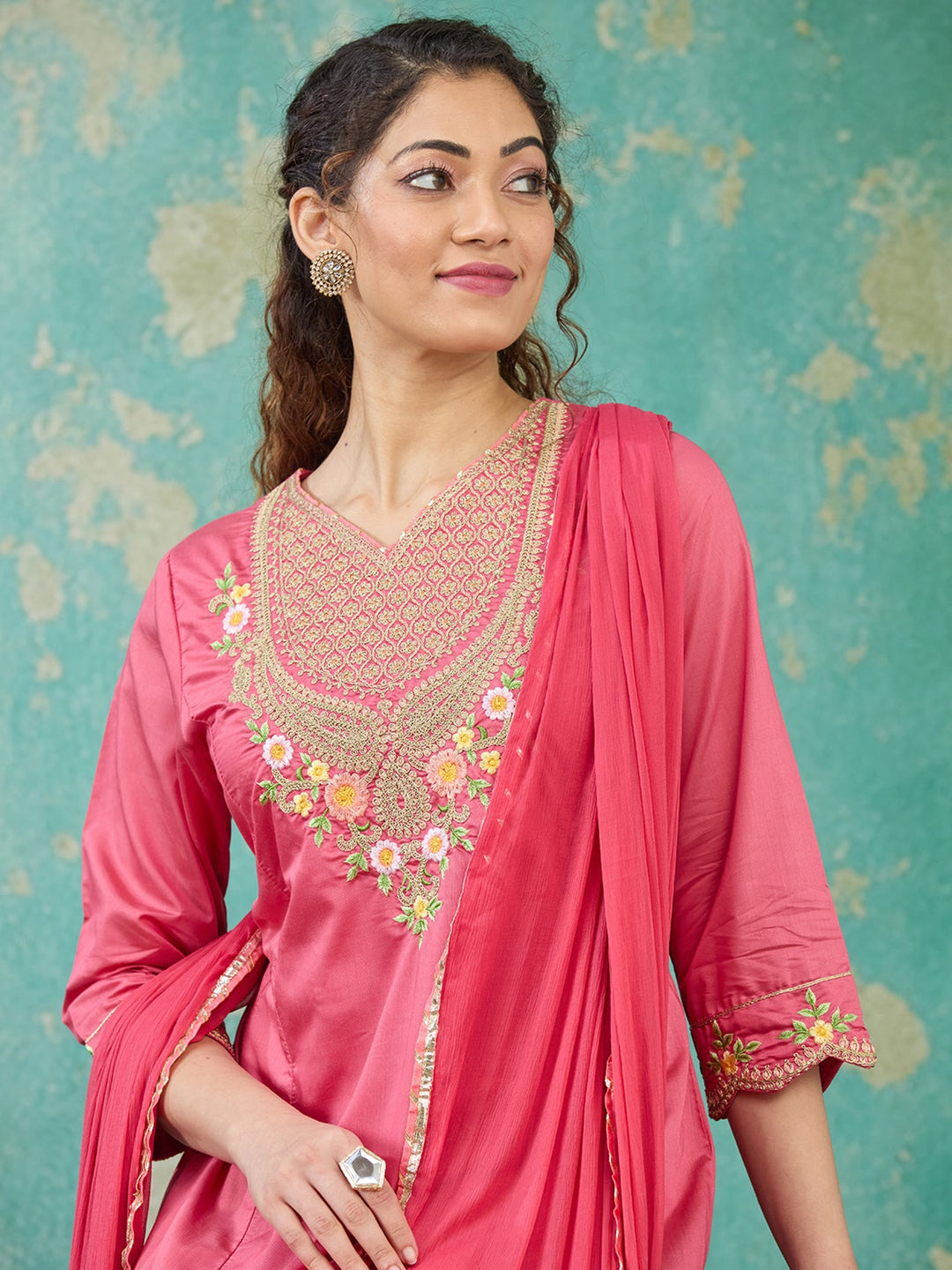 Gajari Pink Cording Chanderi Readymade Salwar Suit